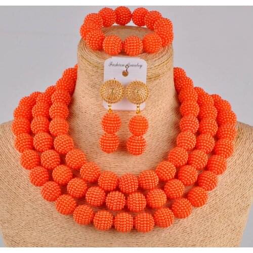 Nigerian wedding orange african beads jewelry set for women imitation pearl beads necklace earrings sets FZZ03