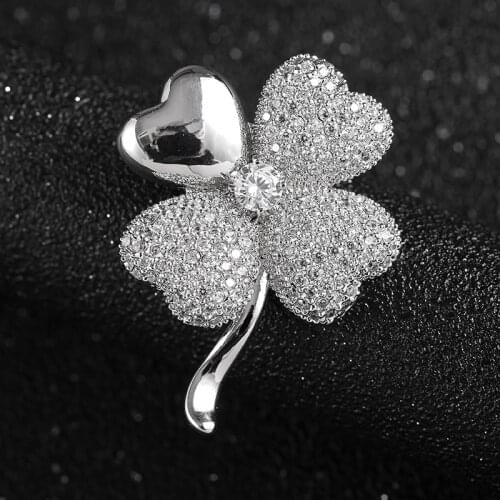 OKILY Elegant Heart Shape Petal Flower Brooches for Women AAA Zircon Brooch Pin Plant Floral Brooch for Women Cloth Accessories