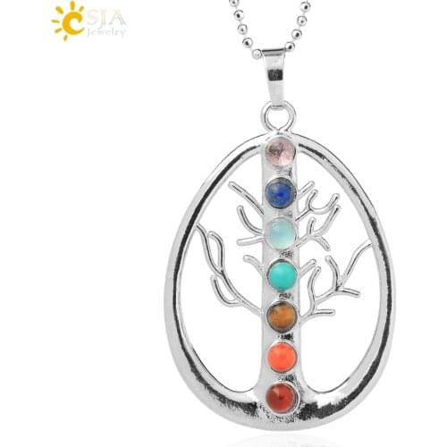 CSJA 2pcs Reiki Health Amulet 7 Chakra Stone Yoga Symbols Tree of Life Pendant Amulet Necklace Pendants for Women Gift E027