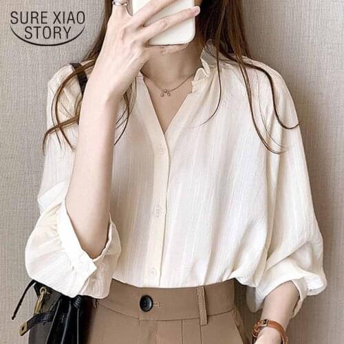 Womans Shirts 2020 Autumn V-Neck Office Plus Size 4XL Women Blouses Cotton Long Sleeve Lady Top Female New Clothing 10481