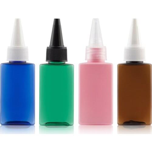 50ml X 48 transparent/blue/green/pink/brown twist cap empty PET plastic square bottle containers 50cc pointed mouth bottles