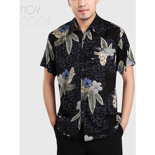 Novmoop holiday casual style floral printed men summer short sleeve 100% pure silk shirt camisa masculina chemise LT3156