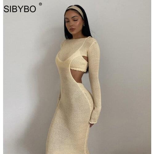 Sibybo 2021 Fall Knit Maxi Dress 2 Pieces Set Women Sexy See Through Long Sleeve Dresses Elegant Solid Backless Cut Out Vestidos