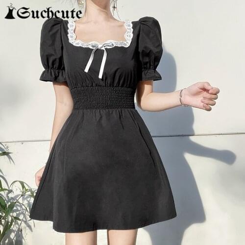 SUCHCUTE Lace Trim Square Neck Mini Dress Women Summer Korean Fashion Puff Sleeve A-Line Dresses Female Vintage Slim Sundress