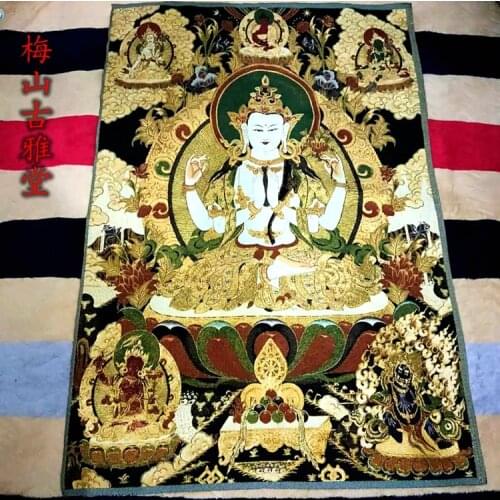Tibetan Buddha statue Thangka embroidery Silk embroidery Nepal (black) Four-wall Guanyin Thangka painting