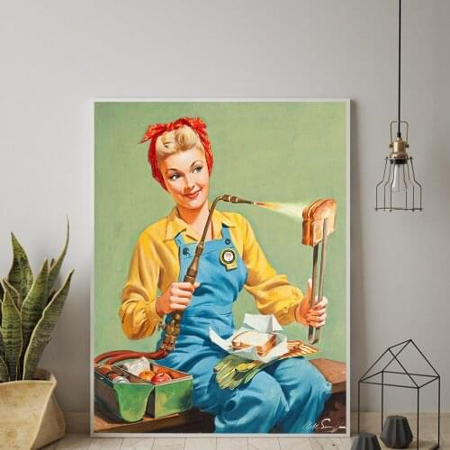 Vintage Popart Woman Kitchen Pin Girl Sign Wall Art Canvas Painting Posters Retro Cheese Sandwich Toast Picture Home Decor