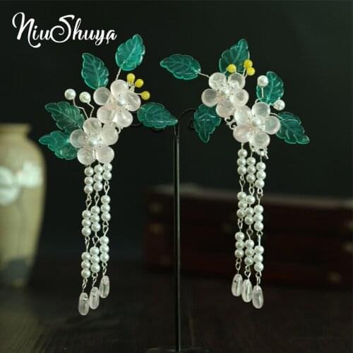 NiuShuya Handmade Chinese Vintage Green Leaf Flower Hair clip Tassel Hairpin Hair sticks Accessories Hanfu COSPLAY Headwear