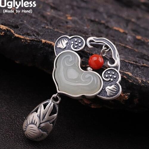 Uglyless Vintage Ethnic Water Drop Flower Pendants for Women China Chic RUYI Abstract Heart Jade Necklaces NO Chains 925 Silver