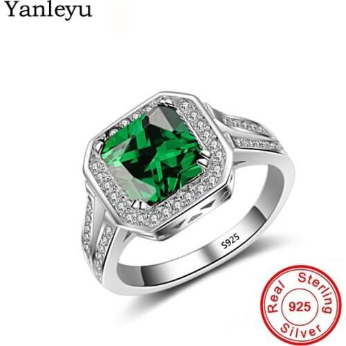 Yanleyu New Vintage Green Stone Engagement Rings for Women Solid 925 Silver AAA Zircon Wedding Band Jewelry Ring Gift PR334