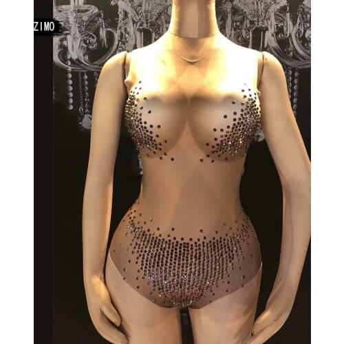 Pearl rhinestone AB Stretch Spandex Bodysuit women party bar Nightclub pole DJ Singer DS Costume Performance dance stage Clothes