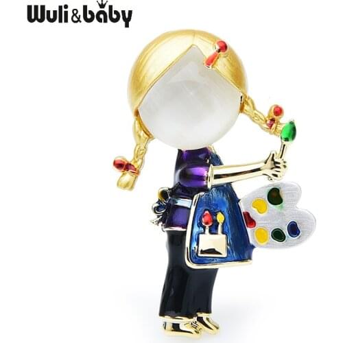 Wuli&baby New Opal Enamel Drawing Girl Brooches Women Alloy Painter Art Lover Office Casual Brooch Pins Gifts