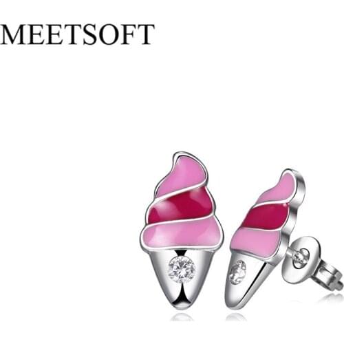 MEETSOFT Silver Color Prevent Allergy Small Zircon Icecream Stud Earrings for Women Classic Trendy Golden Jewelry Gift