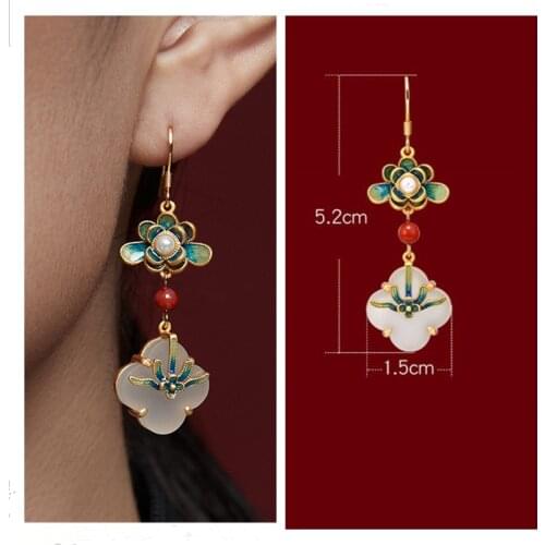 Ancient Oriental Classical Painted Enamel Earring For Women Jewelry Charming Lotu Jade Earring Silver 925 Female Drop Bijou