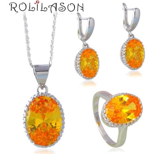 ROLILAON Size 6-10 silver Stamped 925 Yellow Zircon Neck Set Cubic Zirconia Women Jewelry Sets for Anniversary JS649