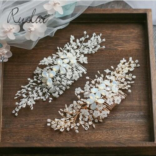 Ruolai Silver Gold Wedding Hair Accessories Handmade Crystal Hair Comb Bridal Headwear Hair Jewelry Women Flower Headpiece HD13