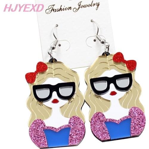 1pair) HP045 Cute Girl Dangle Earring Black Glasses Red Bow Blond Hair Glitter Acrylic Earrings