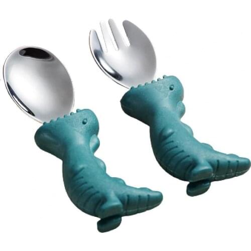 2Pcs/Set Multifunctional Infant Tableware Cartoon Dinosaur Portable Stainless Steel Baby Feeding Spoon Fork Set Home Use