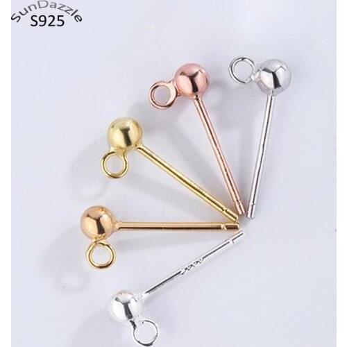 8pcs Real Solid 925 Sterling Silver Earring Post Base Pins With Ring Round Ball Earring Needle Connector DIY Jewelry Making