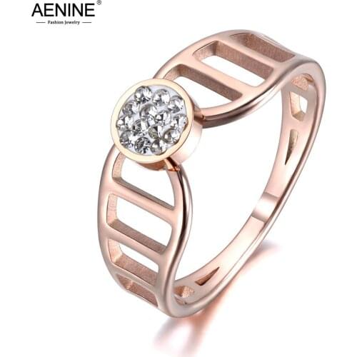 AENINE Fashion Rose Gold Color Anniversary Rings Jewelry Stainless Steel Rhinestone Crystal Ring For Women Girl Anneau AR19007