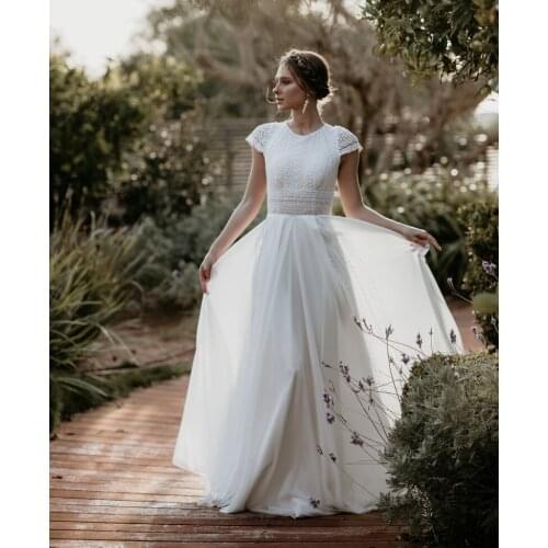 Bohemian Wedding Dress Cap Sleeves Sweep Train Boho Lace Bride Dress Chiffon Beach Bridal Gown Customized