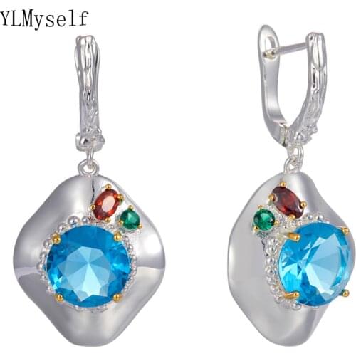 Big Blue Zirconia Dangle Earrings 2 tone plated Jewellery Fashion Jewelry Charming Drop earring for Women