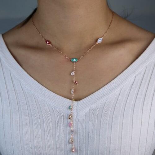 41+5cm with 14cm drop Y lariat statement necklace enamel evil eye charm colorful cz drop station chain Gorgeous women jewelry