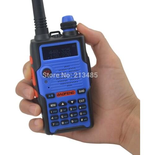 Color Blue BF-E500S 136-174MHz & UHF400-520MHz Dual Band 5W/1W 128CH FM 65-108MHz with Free Earphone Portable Two-way Radio