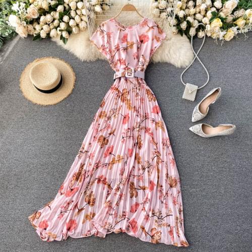 Fashion Pleated Floral Dress For Women Summer French O Neck Sashes A-line Bohemian Print Romantic Holiday Beach Dresses