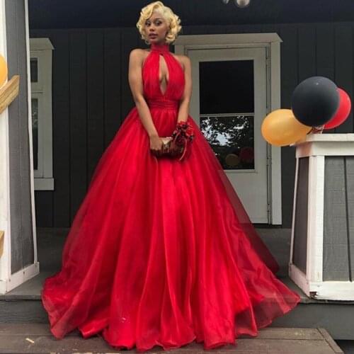 Long Red Prom Dresses 2019 Elegant High Neck Sleeveless Plus Size Backless African Women Organza Prom Dress Free Shipping
