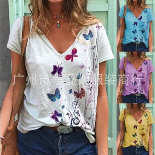 Kuelawear Summer Hot Sale Fashion Casual Loose Butterfly Pattern Print Short Sleeve V-neck Ladies Womens T-shirt