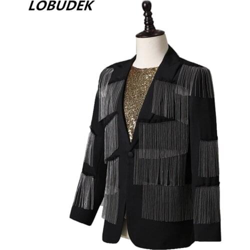 Male Singer Stage Performance Tassel Blazer Black Metal Chain Casual Slim Fit Coat Bar Nightclub Brand Groups Concert Costume