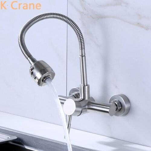 Wall Mounted Kitchen Faucet Hot Cold Water Mixer Tap Dual Hole Single Handle Grifo Stainless Steel Brushed Torneira Swivel Taps