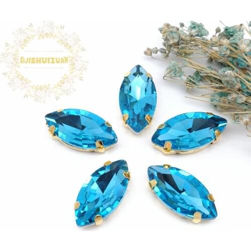 New product Horse eye Turquoise blue Crystal Glass Sewing Rhinestones with gold Claw DIY Wedding Dresses