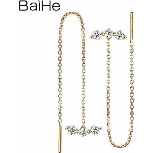 BAIHE Solid 18K Yellow Gold 0.02CT H/SI Round Natural Diamonds Wedding Trendy Fine Jewelry Diamond Earrings for women ear line