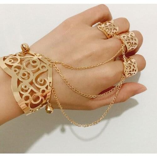 Luxury Women Finger Ring Bracelet Set Fashion Punk Hip Hop Hollow Butterfly Pattern Bells Bangle With Chain Connecting 3 Rings
