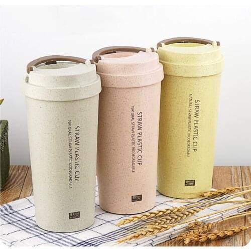 High Quality Pastoral Wheat Fiber Hand Milk Cups Cola Coffee Cup Student Sport With Cover Accessible Thermo Lid Drinking Water