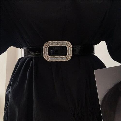 Womens Runway Fashion Diamonds Buckle PU Leather Cummerbunds Female Dress Corsets Waistband Belts Decoration Wide Belt R302