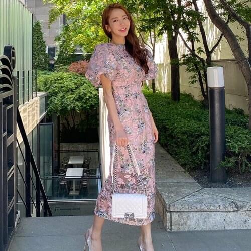 Womens Lantern Sleeve Print Sheath Dress O-Neck Evening Party Organza Dresses Elegant Casual Long Vestidos