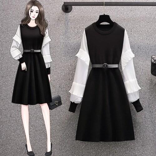 EHQAXIN Plus Size Womens Dresses Autumn Elegant Chiffon Stitching Long-Sleeved A-Line Ruffle Dress For Ladies With Belt M-4XL