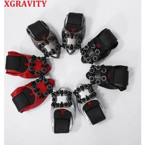XGRAVITY SIZE 34-43 Women Rhinestone Women Foldable Flat Shoes Fashion OL Ladies Flats Pointed Toe Womans Footwear Female A097