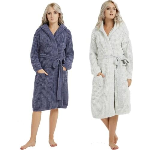 New Women Ladies Long Sleeve Bath Robe Hooded Knitted Kimono Dressing Gown Housecoat Sleepwear Thick Warm Loungewear With Belt