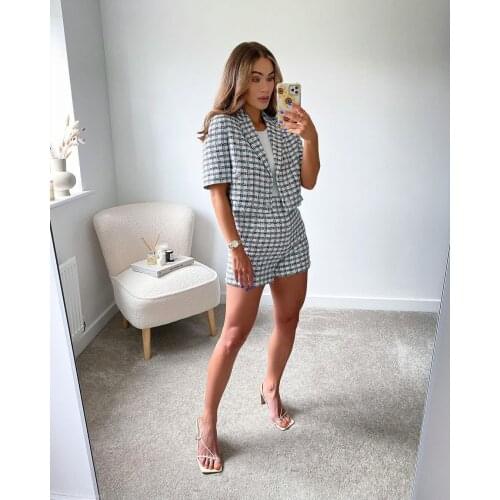 XIKOM 2021 Women Tweed Two Pieces Set Plaid V Neck Short Slim Coat Female Streetwear Vintage High waist Shorts Suit