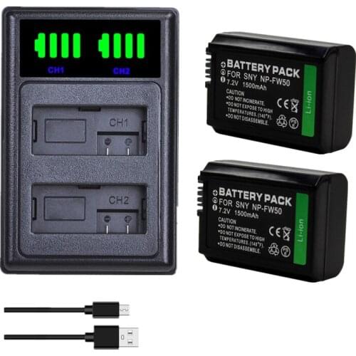 2Pcs NP-FW50 NP FW50 Camera Battery + LCD USB Dual Charger for Sony Alpha a6500 a6300 a6000 a5000 a3000 NEX-3 a7R