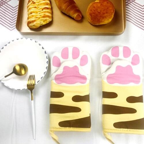 2020 Hot!Non-slip Kitchen Gloves Cartoon Cat Paws Oven Mitts Long Cotton Baking Insulation Gloves Microwave Heat Resistant