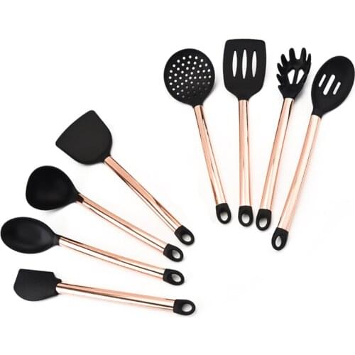 8pcs Silicone Kitchen Utensils Cooking Tool Gadgets Sets Nonstick Copper Plated Handle Spatula Shovel Spoon Soup Kitchenware Set