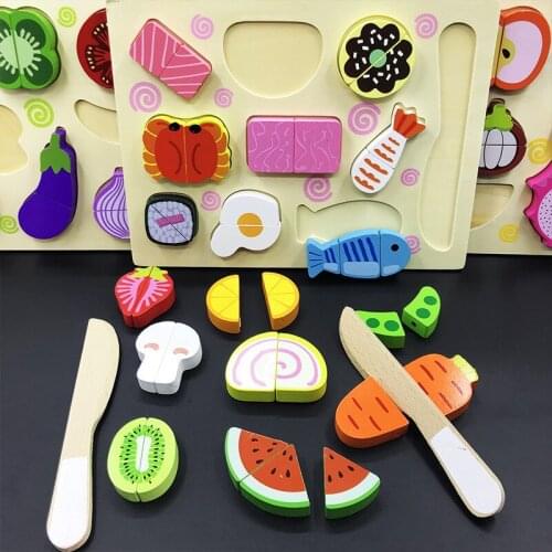 Children Wooden Fruit and Vegetables Cutting Baby Kitchen Set Toys Magnetic Connect Wood Puzzle Food Model Kindergarten Supplies