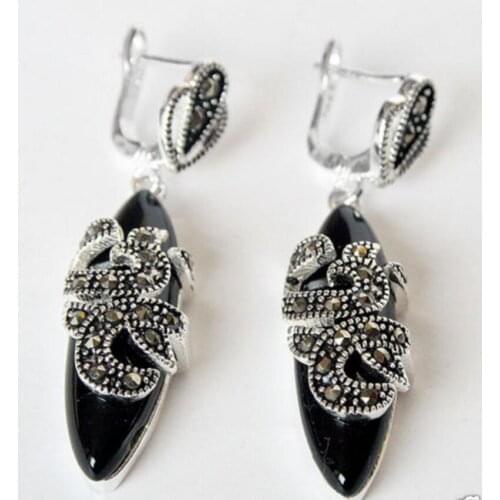 Hot Sell New 925 Sterling Silver Natural Black jade Marcasite Dangle Earrings