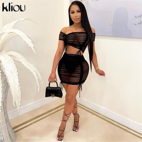Kliou See Through Mesh Two Piece Set Women Skirt Sexy Sheath Bandage Drawstring Short Sleeve Slash Neck Clubwear Female Outfits