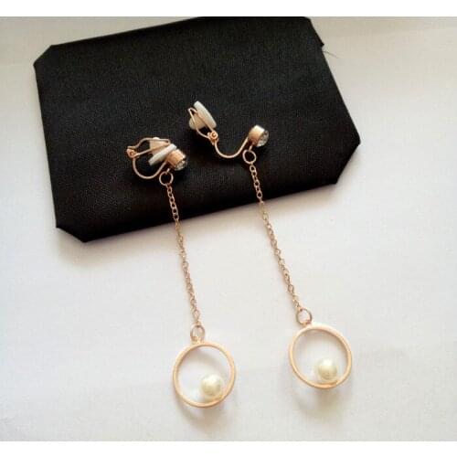 New Elegant Pearl Ear Clip Earrings For Women Simple Round Circle Rhinestone Long Tassel No Pierced Earrings Ear Cuff