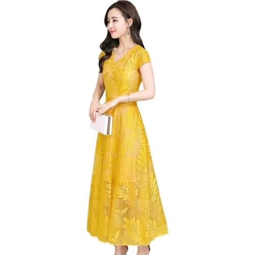 Summer new womens dress fashion Korean Sexy waist short sleeve long dresses ladies plus size lace embroidered dresses tide